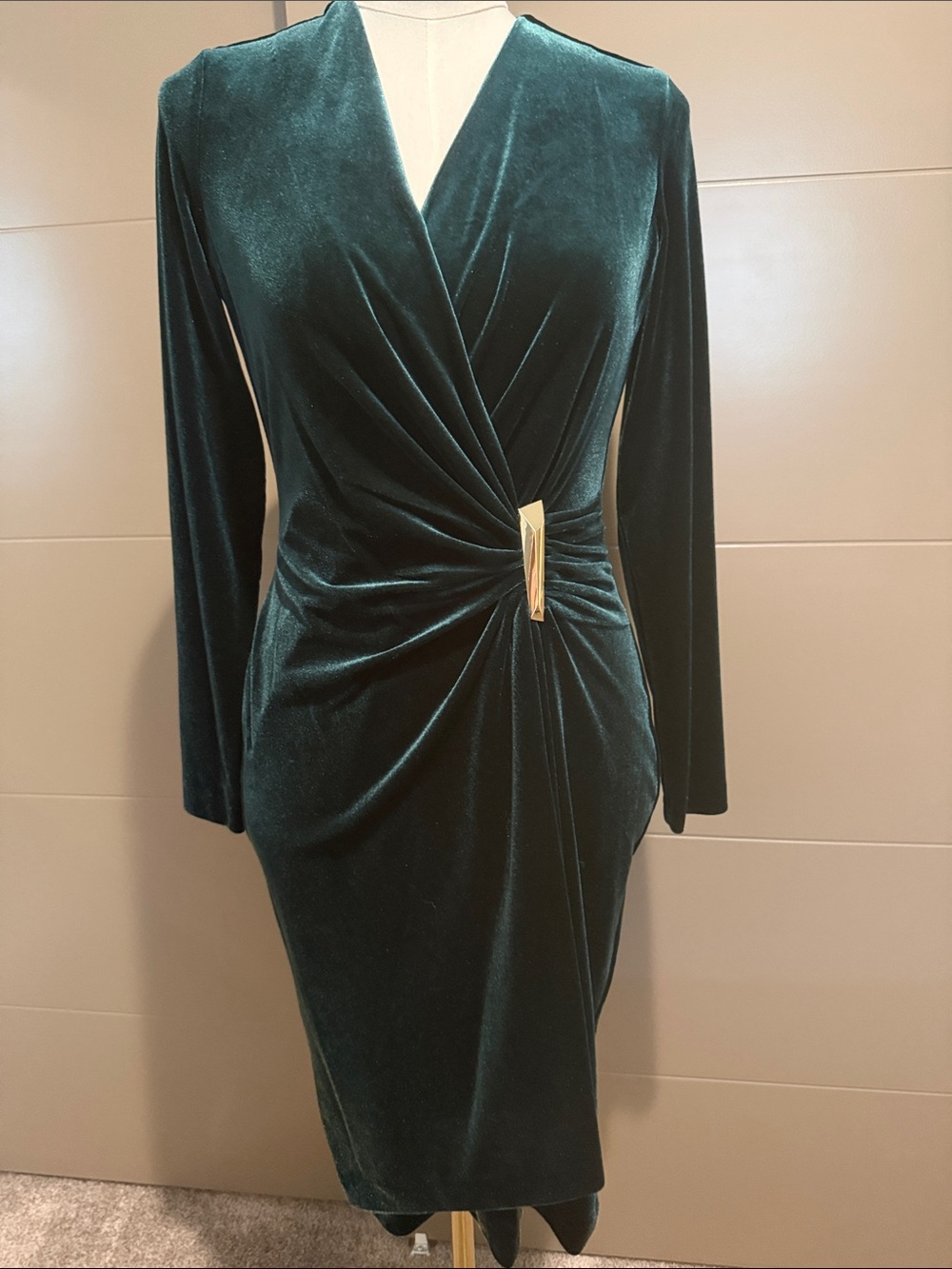 Calvin Klein Emerald Velvet Long-Sleeve Wrap Dress with Gold Accent